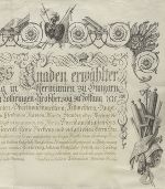 Detailansicht der Zierleiste der Urkunde mit kriegerischen Symbolen sowie Attributen des Genie- und Fortifikationswesens