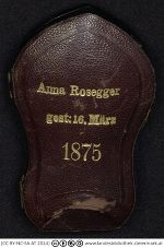 Schwarzes Lederetui in Sargform bezeichnet "Anna Rosegger gest: 16. März 1875"